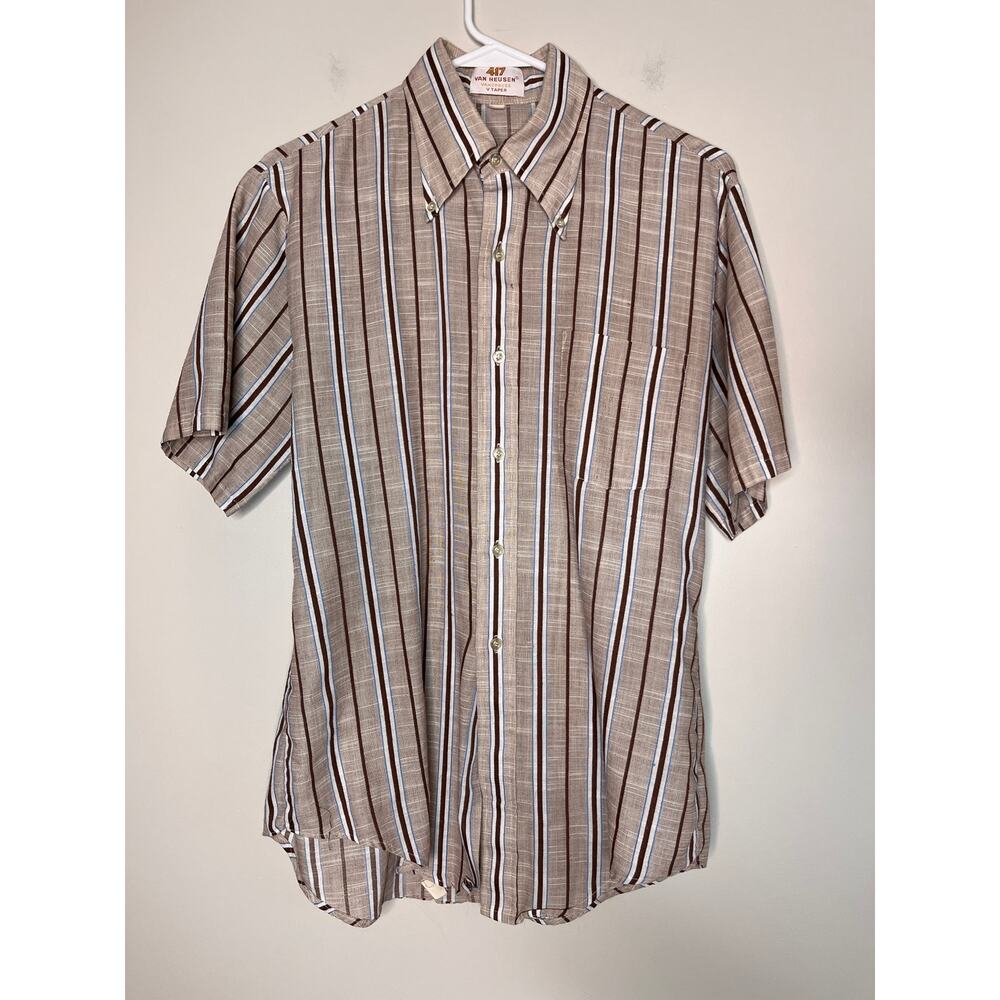 1970s Brown Blue Stripe Van Heusen Vanopress V Taper Disco Dagger Collar Shirt L